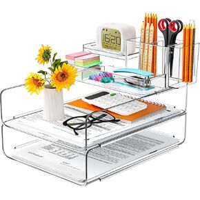 Thicken Paper Organizer Letter Tray with Pencil Holder - Acrylic Stackable Desk File Organizer, Clear Desktop Storage for Stationery, Pens, A4 Office Files, Books, Notes, and Letter Storage