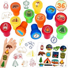 36PCS Camping Party Favors 24 Tattoos Sticker 12 Stamp Set - Ideal Themed Birthday Card Decorations Supplies Goodie Bag Cute Rewards for Girls Classroom Gifts Baby Shower Prizes