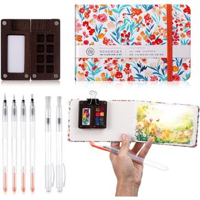 12 Pcs Mini Portable Watercolor Paint Set Travel Paint Palette Wooden Grid Paint Box, Pocket Watercolor Sketchbook Paper Pad, Brush Pens with 4 Binder Clips for Painters Students (Autumn)