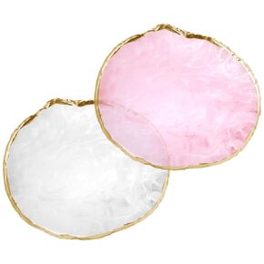 2 Pcs Resin Nail Art Palette, Gold Edge Nail Polish Color Tool, Round Nail Painting Display Tray Nail Art Accessories for Nail DIY Supplies (White Pink)