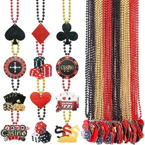 36 Pcs Casino Night Beaded Necklaces 12 Styles Dice Poker Dollar Sign Necklaces Casino Theme Gold Red Black Necklaces Jewelry Accessories for Casino Party Favors