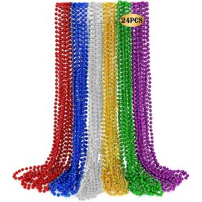 24 PCS Mardi Gras Beads Necklaces, 33" Green Purple Gold Metallic Costume Accessories Bulk, Party Beads Carnival Parade Throws, Round Beaded Necklaces for Baby Shower Decorations Party Favors