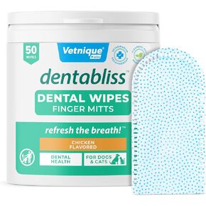 Vetnique Dentabliss - Dog Teeth Cleaning Finger Mitt Dental Wipe - Dog Plaque & Tartar Prevention with Brushing Beads - Flavored Dog Teeth Wipes, Dog Breath Freshener (Chicken)