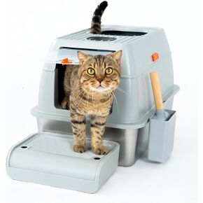 CATTASAURUS Stainless Steel XL Litter Box with Lid, for Large Cats Up to 40lbs. Removable Enclosed Design, High Sides, Anti-Leak, Non-Stick, Easy to Clean, Includes Scoop for Convenient Cleaning