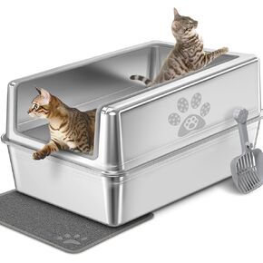 Enclosed Stainless Steel Cat Litter Box with Lid, Oversize Metal Litter Box for Multi Cats, Extra Large Cat Toilet with High Side, Non-Stick, Anti-Leakage, Odorless, with Cat Litter Mat & Litter Scoop