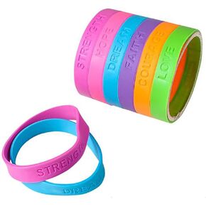 The Dreidel Company Rubber Bracelet, Hope, Faith, Love, Strength, Courage, Dream, Rubber Sayings Bracelets, 8", Pack of 12 (Two of Each)