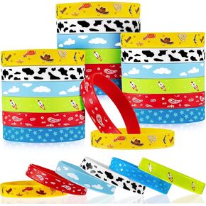 Deekin 36 Pcs Western Party Bracelets for Boy and Girl Cow Pattern Printed Rubber Bracelets Cartoon Story Themed Silicone Stretch Wristbands Blue Sky White Cloud Birthday Party Favor for Boy Girl