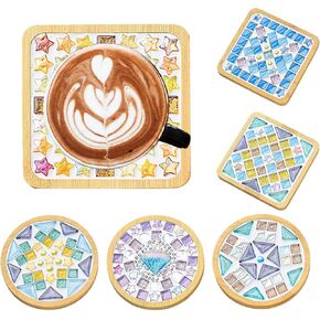 6 Sets DIY Glass Mosaic Tiles Craft Kit, Mixed Color Mosaic with Wooden Coasters, Ideal for Women, Kids, and Beginners. Create Custom Colorful Glass Mosaic Coasters for Handmade Gifts and Home Decor.