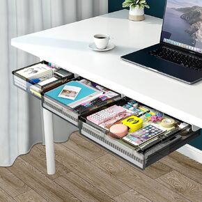 Zmains 3 Pack Under Desk Drawer Slide Out, Hidden Attachable Desk Drawer Attachment Durable Self-Adhesive Under Desk Organizer Plastic Large Under Desk Storage Drawers for Office Home