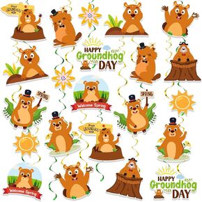 AUGSUN 44Pcs Groundhog Day Decorations, 22Pcs Groundhog Cutouts 22Pcs Hanging Swirls Happy Groundhog Day Animals Groundhog Party Supplies for Weather Forecast Spring February 2nd