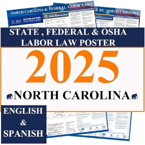 KIKIGO 2025 North Carolina Labor Law Poster State, Federal, Osha Compliant 24" x 36" - All in One Required Posting -(English & Spanish Combo)