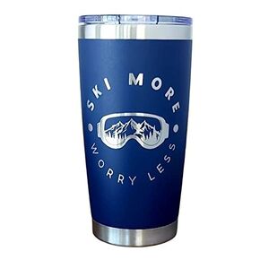Ski More Worry Less 20oz Coffee Tumbler (Navy), Skiing Gifts for Men, To Go Travel Coffee Mug, Snow Ski Accessories
