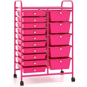 15-Drawer Storage Rolling Cart, Multipurpose Utility Storage Cart w/ 4 Lockable Wheels & Removable Drawers, Plastic Drawer Organizer for Office, Supermarket, Home, School (Hot Pink)