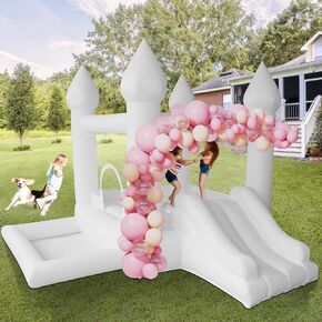AKSPORT White Bounce House Castle Inflatable Jumping Castle with Slide & Air Blower for Kid, Wedding, Birthday Party Castle, 9 * 9 * 7FT