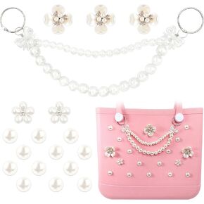 Charms for Bogg Bag Pearls Flowers & Pearls Bow Chain for Bogg Bag & Simply Southern Beach Bag Totes Accessories Charms Compatible, Pearl Bag Insert for Beach Tote Bag Birthday Favors (18 Pcs)