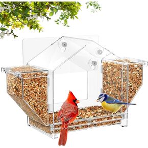 FLINTER Window Bird Feeder, 2025 Latest Clear Window Bird Feeder for Larger Viewing, Bird Feeder with Dual Granary, Squirrel Proof Window Bird Feeder for Cats, Strong Suction Cup and Self-Adhesive