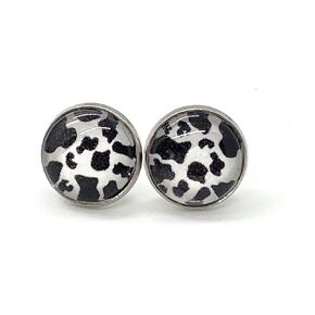 Cow Animal Print Glass Stud Earrings 12m Stainless Steel