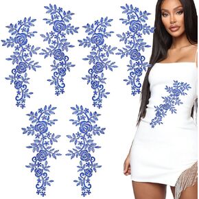 6PCS Blue Embroidery Sequin Lace Applique Sewing Flower Fabric Collar Patch Gold Metallic Edge Floral Lace Fabric Sew on Appliques for Bridal Dress, Handmade Sewing Tool for Wedding DIY Crafts