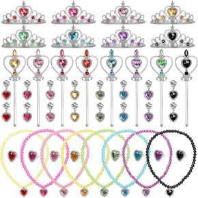 Princess Dress Up Accessories, 8 Colors Princess Jewelry with Princess Crowns for Little Girls, Princess Wands Necklaces Rings Earrings for Halloween Birthday Girls Costume Jewelry Party
