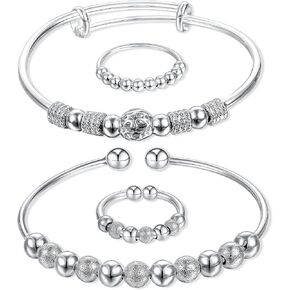 Hicarer 4 Pieces Anxiety Spinning Rings Fidget Adjustable Anxiety Bead Bracelets Open for Jewelry Ring Women Gift