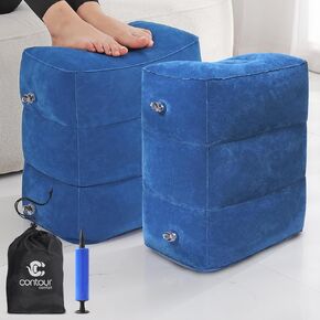 Inflatable Airplane Foot Rest with Hand Pump and Carry Bag, Travel Foot Rest, Airplane Chair Extender for Kids, 3 Adjustable Heights - Navy Blue, Pack of 2