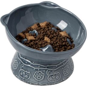 Slow Feeder Cat Food Bowl Neck and Whisker Friendly Elevated Tilted Prevent Vomiting Ceramic Color Blue Ashes