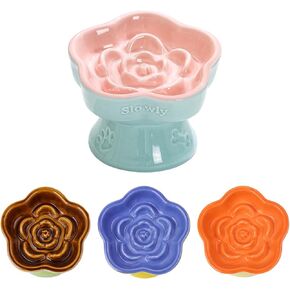 Raised Cat Slow Feeder Bowl, Ceramic Raised Pet Dishes, No Black Chin, Flower Shaped, for Dry and Wet Food, Non-Slip, Dishwasher Microwave Safe (Pink)