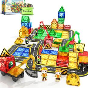 100 PCS Road Magnetic Tiles Road مع 3 رافعات و 2 سيارات - ألعاب بناء المدينة المغناطيسية للبنات البالغة من العمر 3 أعوام من الفتيات في مرحلة ما قبل المدرسة تعلم ألعاب الأطفال الصغار الإبداعية