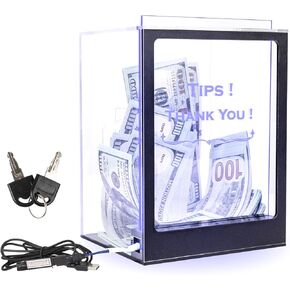 Tip Jar with LED Light, Lock, Sign Holder 'Tips! Thank You!', Suggestion Box with Remote, Light Up Tip Jar for Bartender, Restaurant, Club
