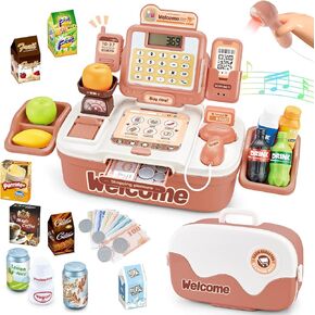 17.7 x 8 inch Pretend Play Toys Cash Register for Kids, Role Play Store Shopping Cashier Playset with Scanner,Toddlers Toy Cash Register with Sound, Light, Play Money, Food, Gifts for Girls 3-8 Years