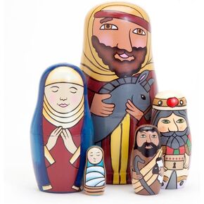 Bits and Pieces - 5pc Nesting Doll Holy Family -The Nativity Family Hand Painted Hand Made Wooden Nesting Dolls Matryoshka Nativity Figurines - Set of 5 Dolls from 5.5" Tall