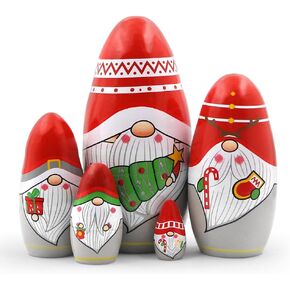 Christmas Gnome Santa Claus Nesting Dolls Gift Set of 5 Red Hat Father Christmas Dwarf Wooden Matryoshka Dolls Russian Nesting Doll Kids Stacking Toy for Christmas Party Crafts Boys Girls Gift