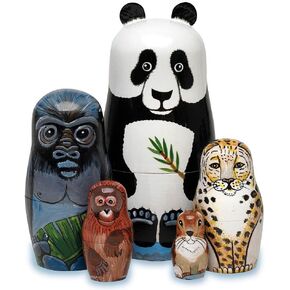Bits and Pieces - Nesting Endangered Species-Hand Painted Wooden Nesting Dolls - Set of 5 Dolls from 5.5" Tall