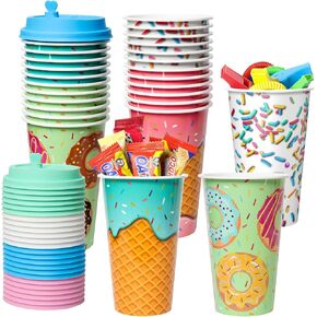 Ice Cream Party Favors Goodie Cups, 24 Pack Donut Birthday Party Cups in 4 Colors, 16OZ Reusable Dessert Party Supplies Decorations Cups with Lids Plugs