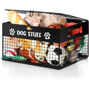 Qmetalart Dog Toy Basket, Large Metal Dog Toy Storage Bin with Lid, Chew-Resistant Dog Toy Box, Durable Toys Basket for Small Dogs and Pet, Puppy Toy Holder Boxes for Living Room