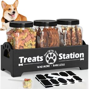 Dog Treat Container Dog Food Storage Container for Countertop, Cat Food Storage Container with 3 Plastic Dog Treat Jar, Dog Food Storage Container for Dog and Cat, Black Wooden Dog Food Container
