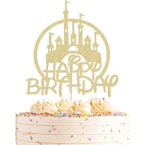 Castle Birthday Cake Topper - Gold Glitter Castle Theme Birthday Party Cake Decoration Supply - Princess Prince Happy Birthday Cake Topper Photo Prop
