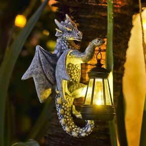 Dragon Tree Hugger Solar Lantern - 9.3 Inch Resin Statue for Outside Balcony Garden Decor : Ideal Yard Outdoor Gift for Grandma Mom Women
