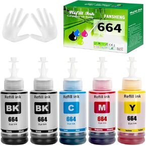 664 Ink Compatible with Epson 664 Ink Refill Bottles for Ecotank ET-2650 ET-2500 ET-2550 ET-2600 ET-4500 ET-3600 ET-4550 ET-16500 (5P, 2BK C M Y)