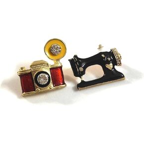 Retro Camera & Vintage Sewing Machine Brooch Pins - Gold Rhinestone Brooches Enamel Pins for Craft Design Photographer Brooch Collection Lapel Pins