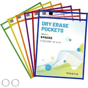 6 Packs Dry Erase Pockets Reusable Dry Erase Pocket Sleeves 10 * 14 Inches Heavy Duty Clear Plastic Sheet Protectors with Rings for Teacher School Classroom Supplies