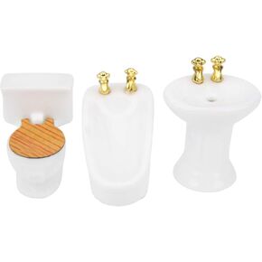 3Pcs 1:24 Doll House hroom Furniture Set, Dollhouse Miniature hroom Set Simulation Ceramic htub Toilet Sink Kit(#1)