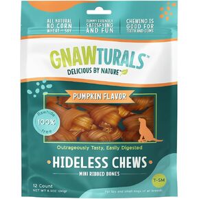 Hideless Chews Ribbed Bones | for Small Dogs | Rawhide Free, Pumpkin, Psyllium Husk and Chicory Root for Easy Digestion and Overall Gut Health (12 Bones, Pumpkin)