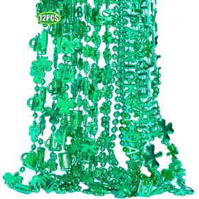12Pcs St. Patrick's Day Green-Bead-Necklaces-Bulk Green-Shamrock Necklace for Green Day Mardi Gras Irish Party Favors Holiday Decorations