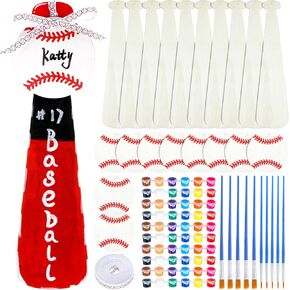 Gerrii 31 Pcs Baseball Craft Supplies Include 10baseball Bat Unfinished Wood 10 Baseball DIY Cutouts 10 Sets 6 Colors Washable Paint Strip 1Roll of Ribbon for DIY Project Sport Themed Party Decor