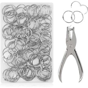 100 PCS Nickel Plated Binder Rings 1 Inch and 1 Hole Puncher Metal Steel Loose Leaf Binder Index Card Rings for Book Paper Notebook, Metal Ring for Crafts, School, Office