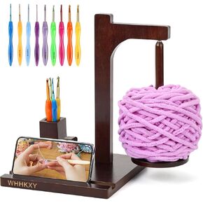 Magnetic Yarn Holder for Knitting and Crocheting, Wooden Yarn Spool Rack with Phone Stand Crochet Accessories Storage and 9 crochet hooks, Yarn Ball Holder Spinner, Crochet Gifts for Crocheters Lovers
