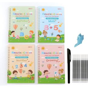 WINBOB Magic Practice Copybook for Kids, Reusable Writing Practice Book for Kids, Reusable Copybook Preschool for Kids Age 3-8 (4 Books+10 Blue Refills)