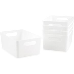 Isaac Jacobs 5-Pack Medium White Storage Bin (9.5" x 6.5"x 4") Set w/ Cut-Out Handles, Plastic Organizer, Multi-Use, Home, Office, Pantry, Closet, Kitchen