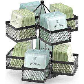 VOGWOLTH Tea Bag Organizer, Tea Bag Storage Holder Spinning Carousel 96 Teabags Container, Lazy Susan Coffee Creamer Sweetener Tea Caddy for Kitchen Counter Cabinet Pantry Shelf Organizer